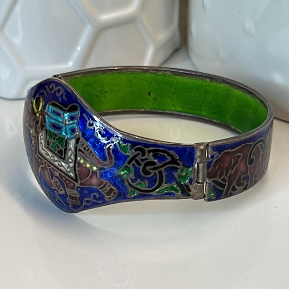 Rajasthani sterling silver coloured enamel elephant hinged cuff bracelet VNTG. - Picture 10 of 10